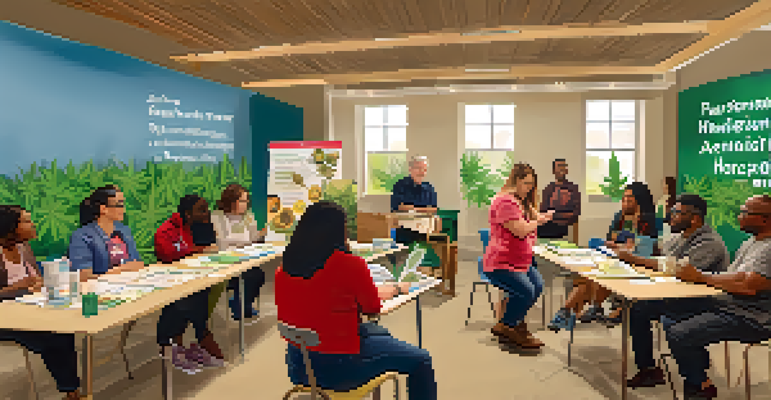 A community workshop with parents and educators discussing marijuana education, featuring a collaborative atmosphere and educational materials around.