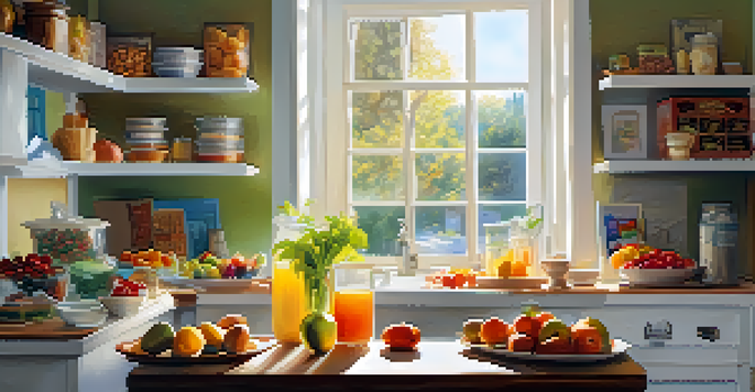 A well-lit kitchen with a wooden table displaying colorful, healthy snacks such as fruits, nuts, and yogurt, illuminated by sunlight from a nearby window.