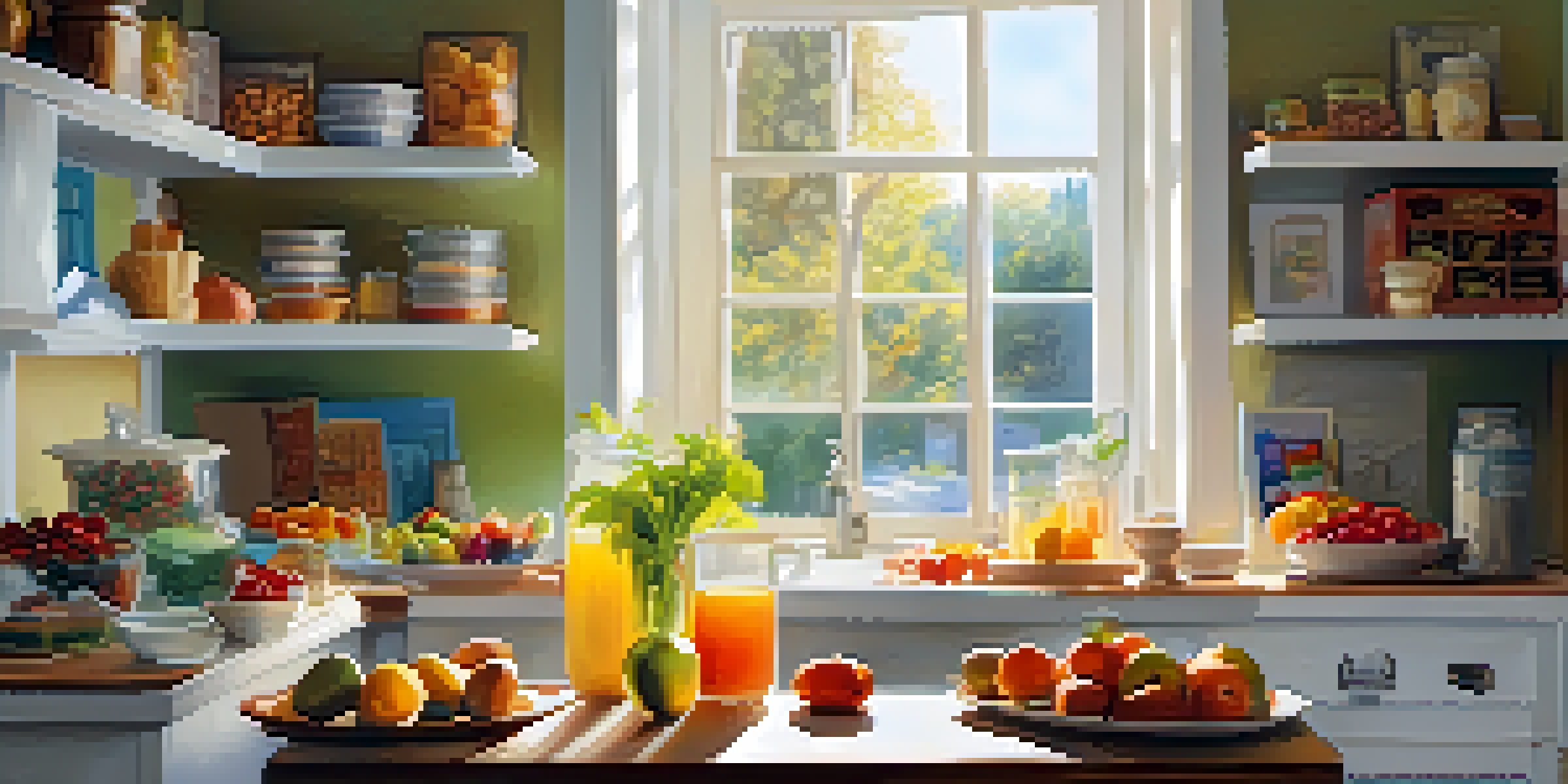 A well-lit kitchen with a wooden table displaying colorful, healthy snacks such as fruits, nuts, and yogurt, illuminated by sunlight from a nearby window.