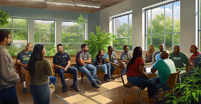 A diverse group of community members gathered in a well-lit center discussing marijuana use during emergencies, with a poster in the background.