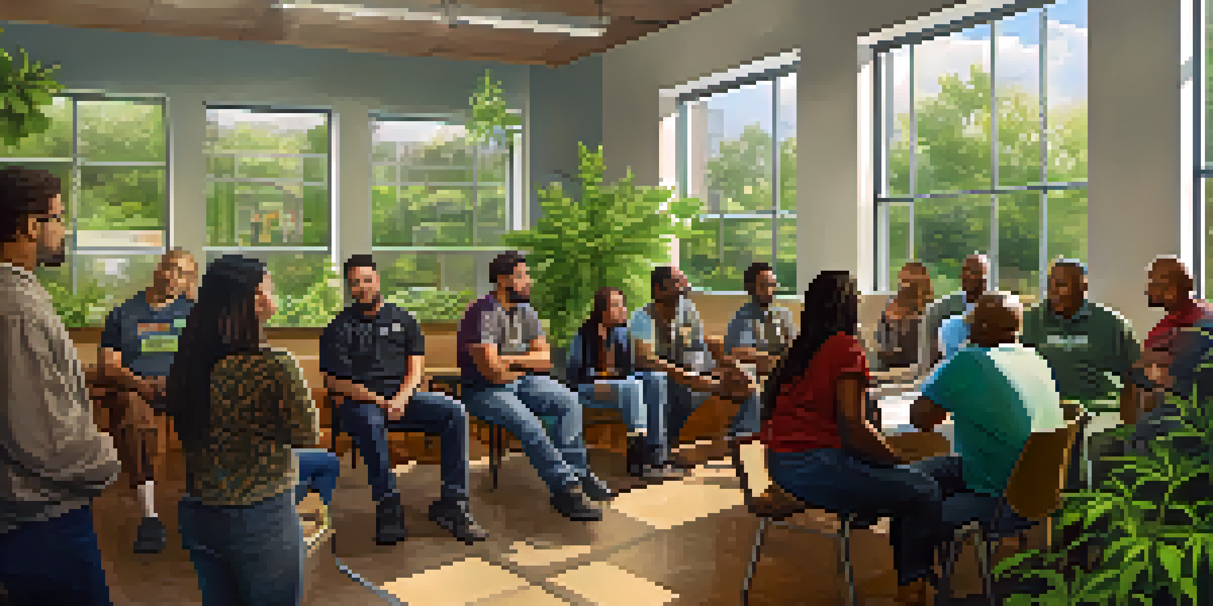 A diverse group of community members gathered in a well-lit center discussing marijuana use during emergencies, with a poster in the background.