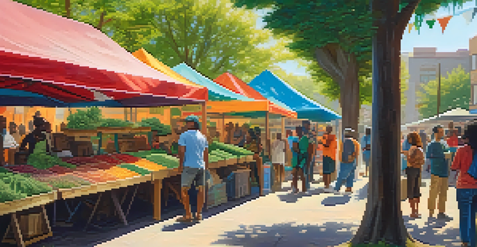 A lively market with diverse people selling cannabis products, under sunlight with a mural in the background.
