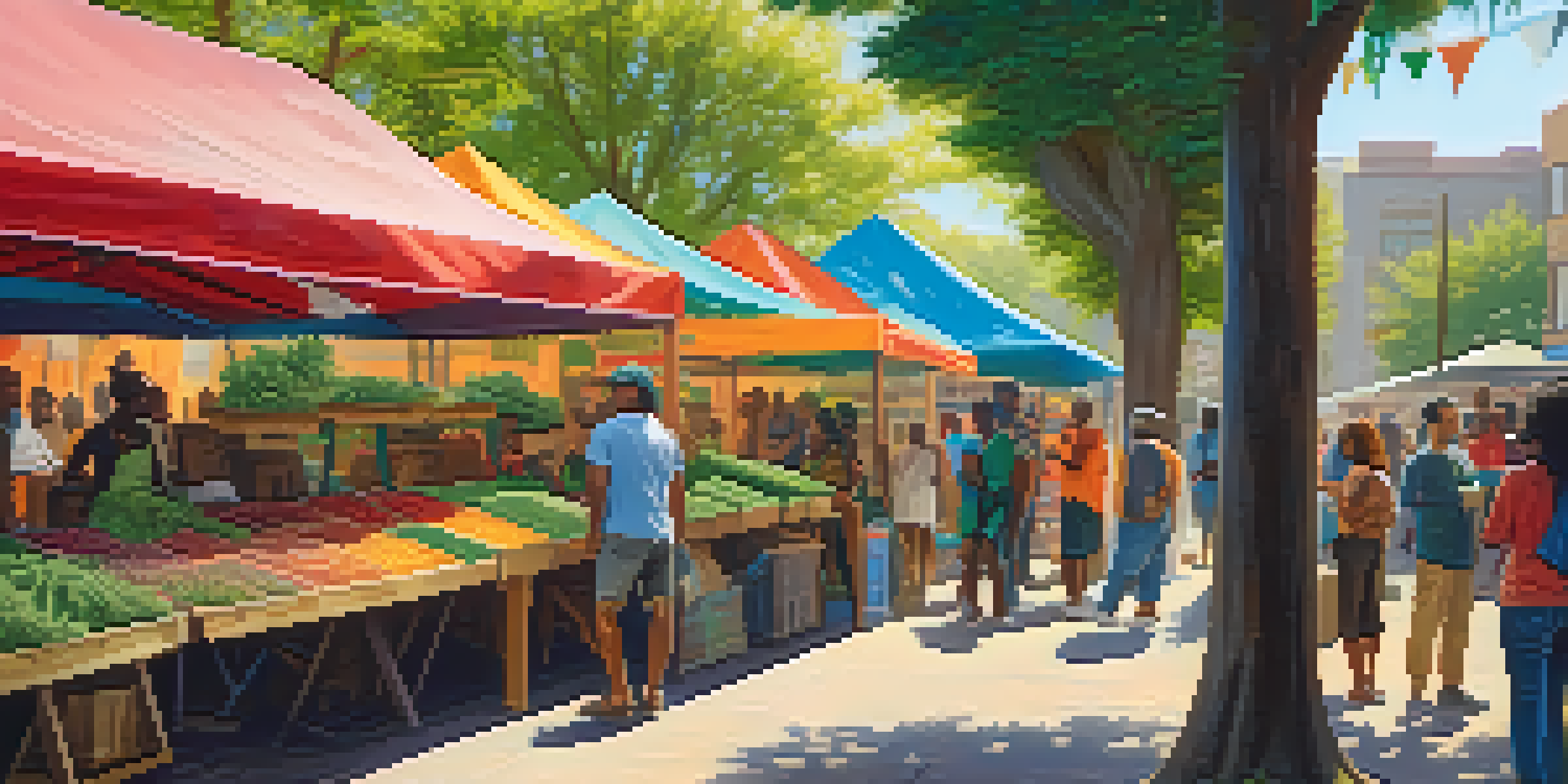 A lively market with diverse people selling cannabis products, under sunlight with a mural in the background.