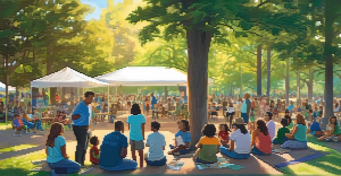 A community meeting in a park with families discussing marijuana legalization, featuring colorful posters and informational pamphlets under sunlight filtering through trees.