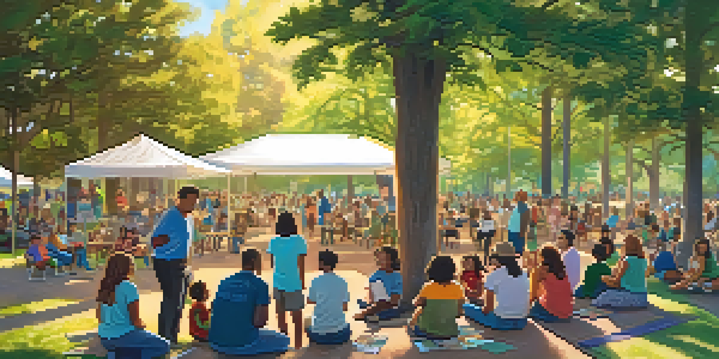 A community meeting in a park with families discussing marijuana legalization, featuring colorful posters and informational pamphlets under sunlight filtering through trees.
