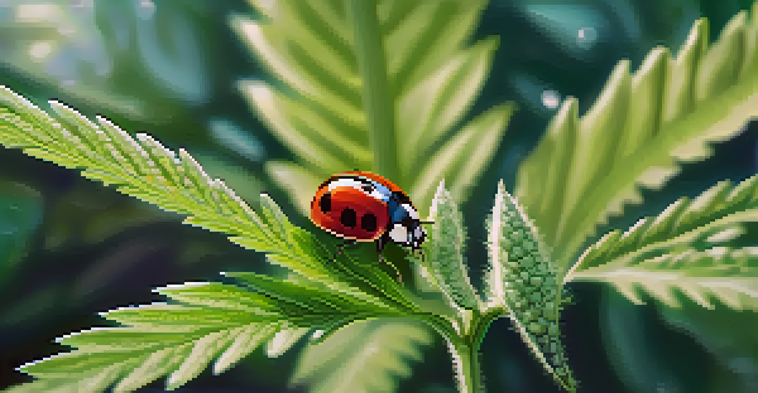 Close-up of healthy cannabis leaves with ladybugs and a butterfly, highlighting a thriving ecosystem.