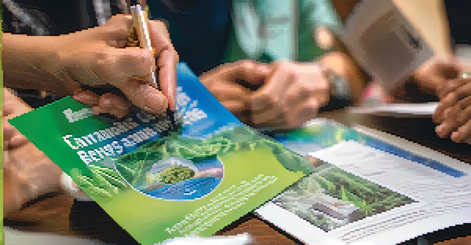 Close-up of hands holding colorful pamphlets about cannabis, with a blurred background of a community workshop.