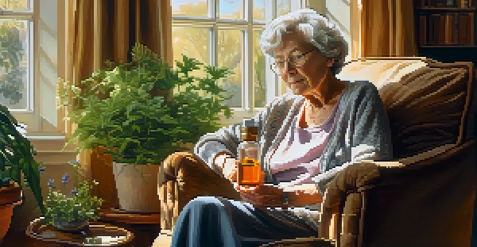 An elderly woman in a cozy living room holding a tincture bottle, surrounded by family photos and plants.