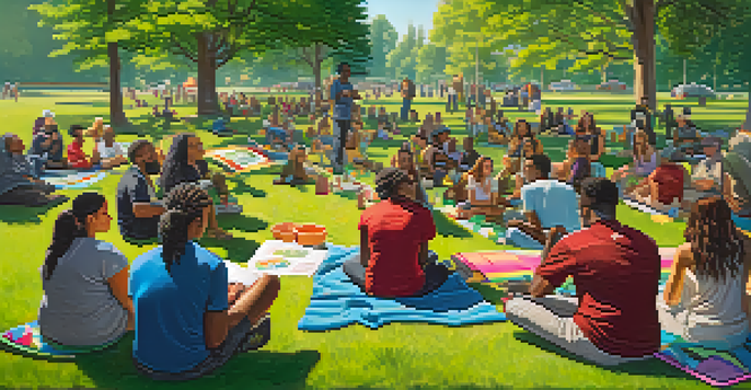 A diverse group of people gathered in a park for a workshop about responsible marijuana use, with colorful banners and a sunny atmosphere.