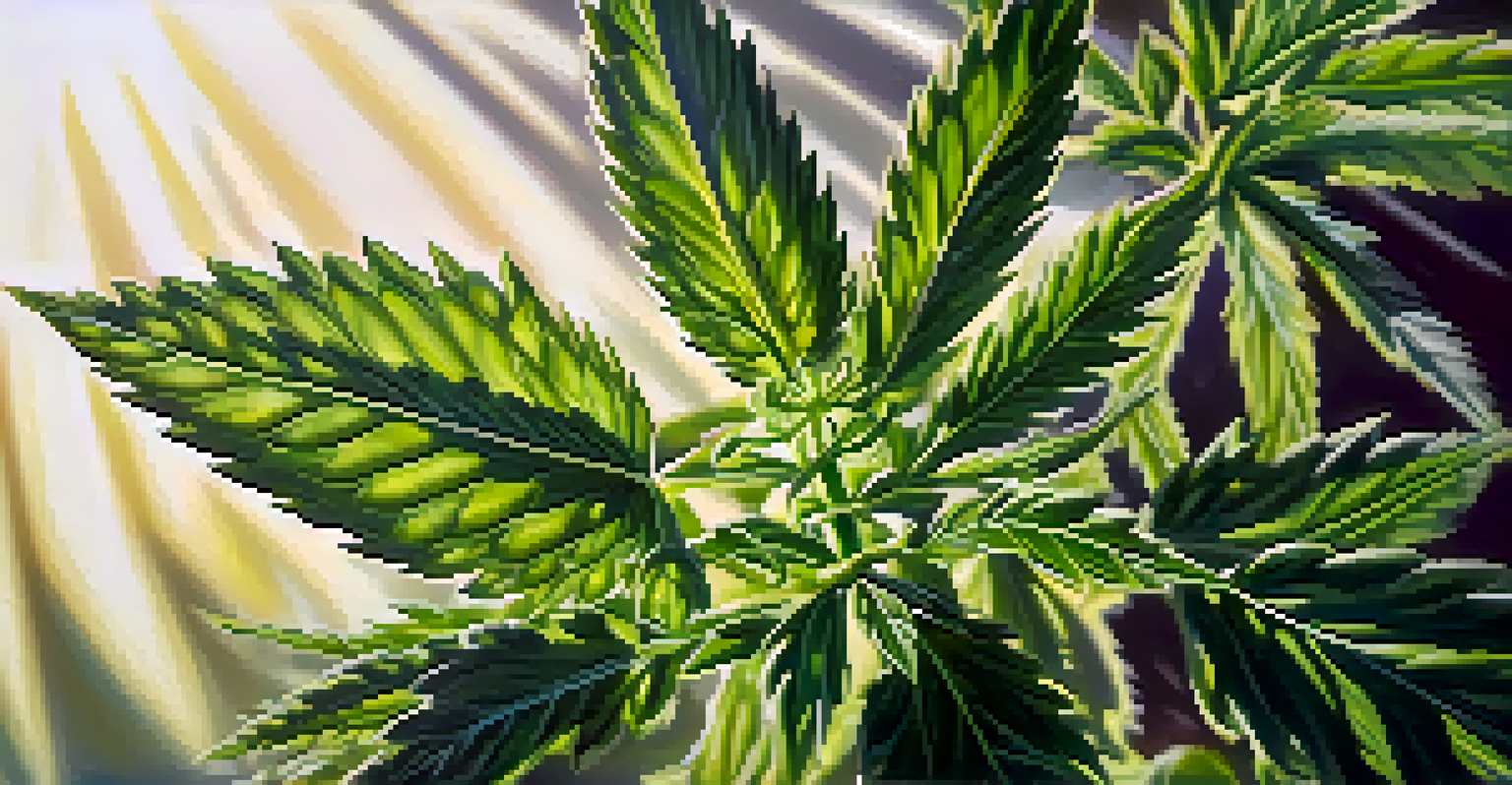 A detailed close-up of a cannabis plant with vibrant green leaves and budding flowers in a sunny garden.