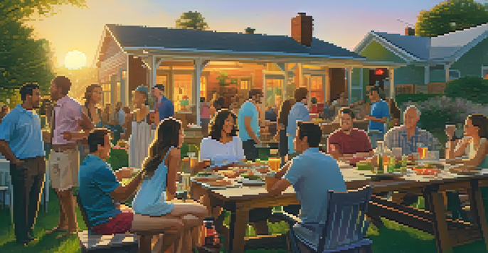 A group of friends enjoying a barbecue in a backyard during sunset, with food, drinks, and casual conversations, some people sharing a joint.