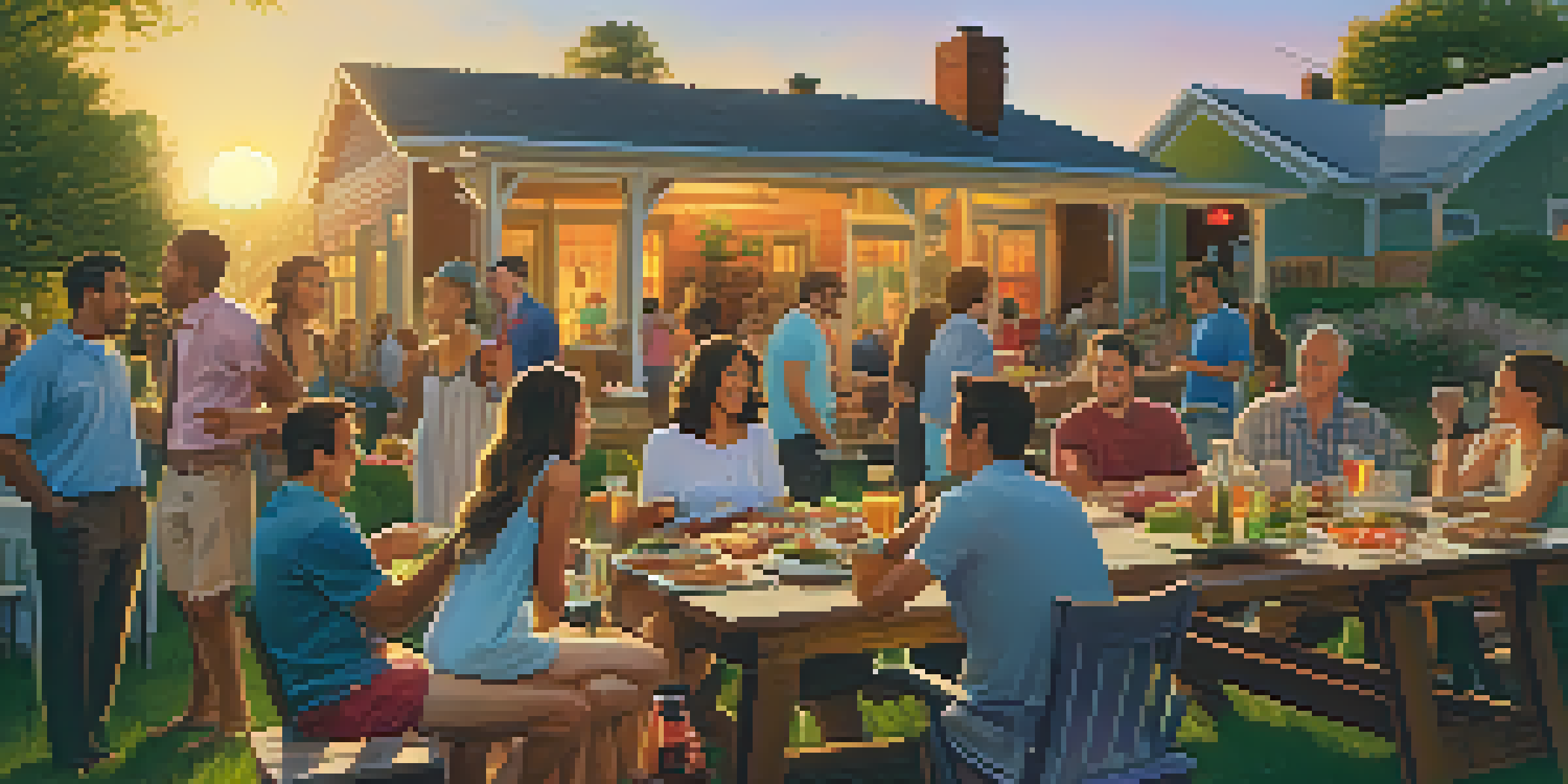 A group of friends enjoying a barbecue in a backyard during sunset, with food, drinks, and casual conversations, some people sharing a joint.