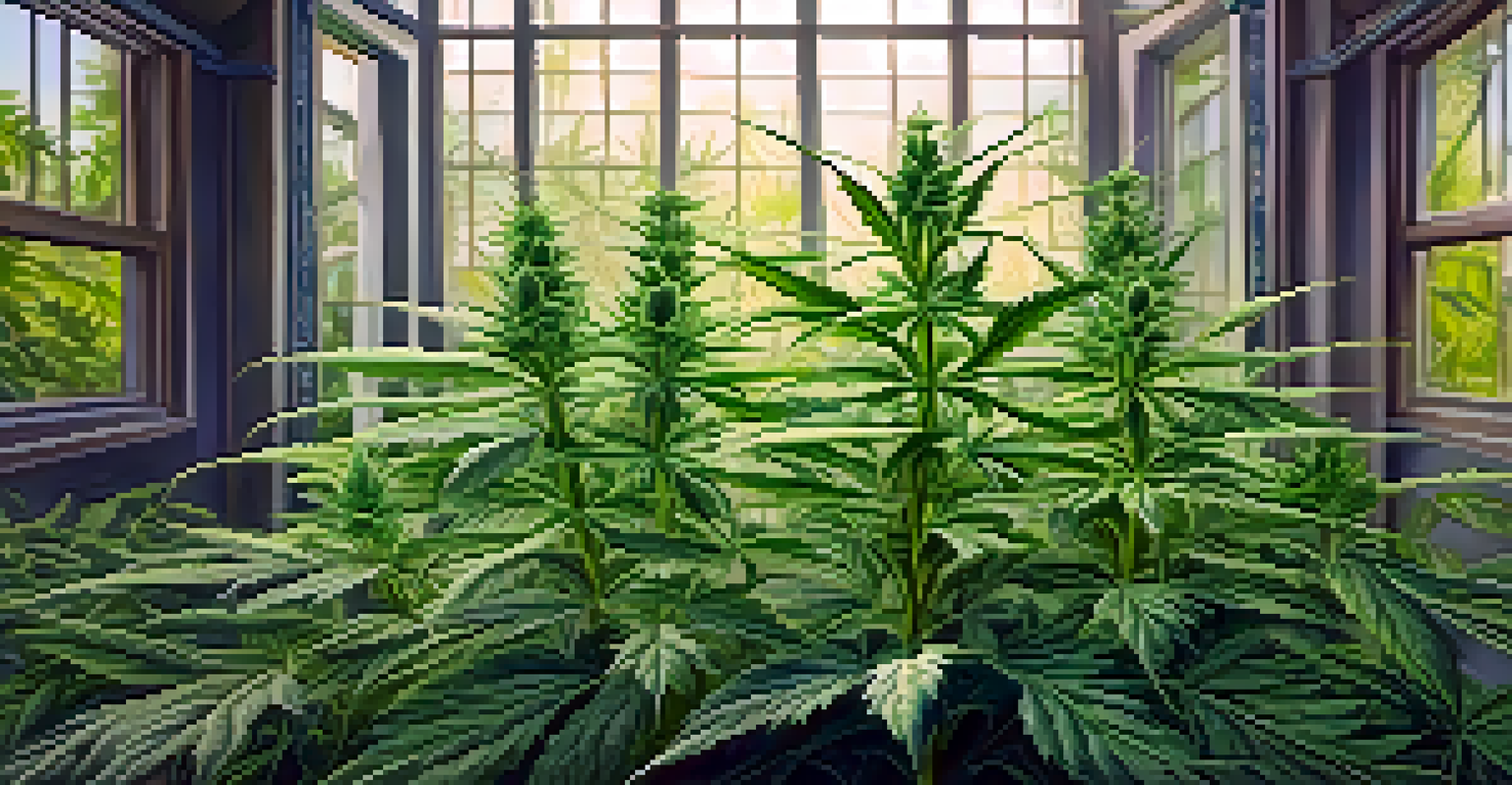 A close-up view of a healthy medical marijuana plant with detailed leaves and flowers in a well-lit indoor garden.