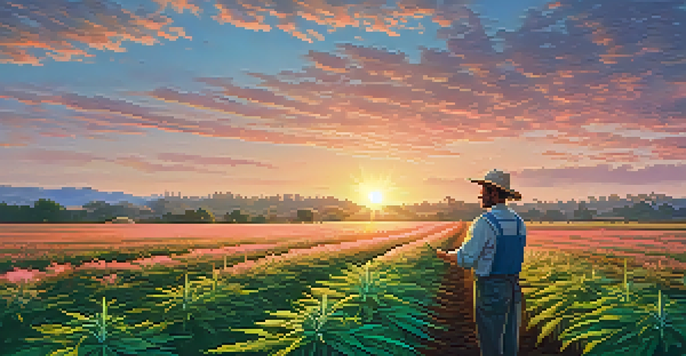 A cannabis farm at sunrise, featuring green plants and a farmer inspecting them under a colorful sky.