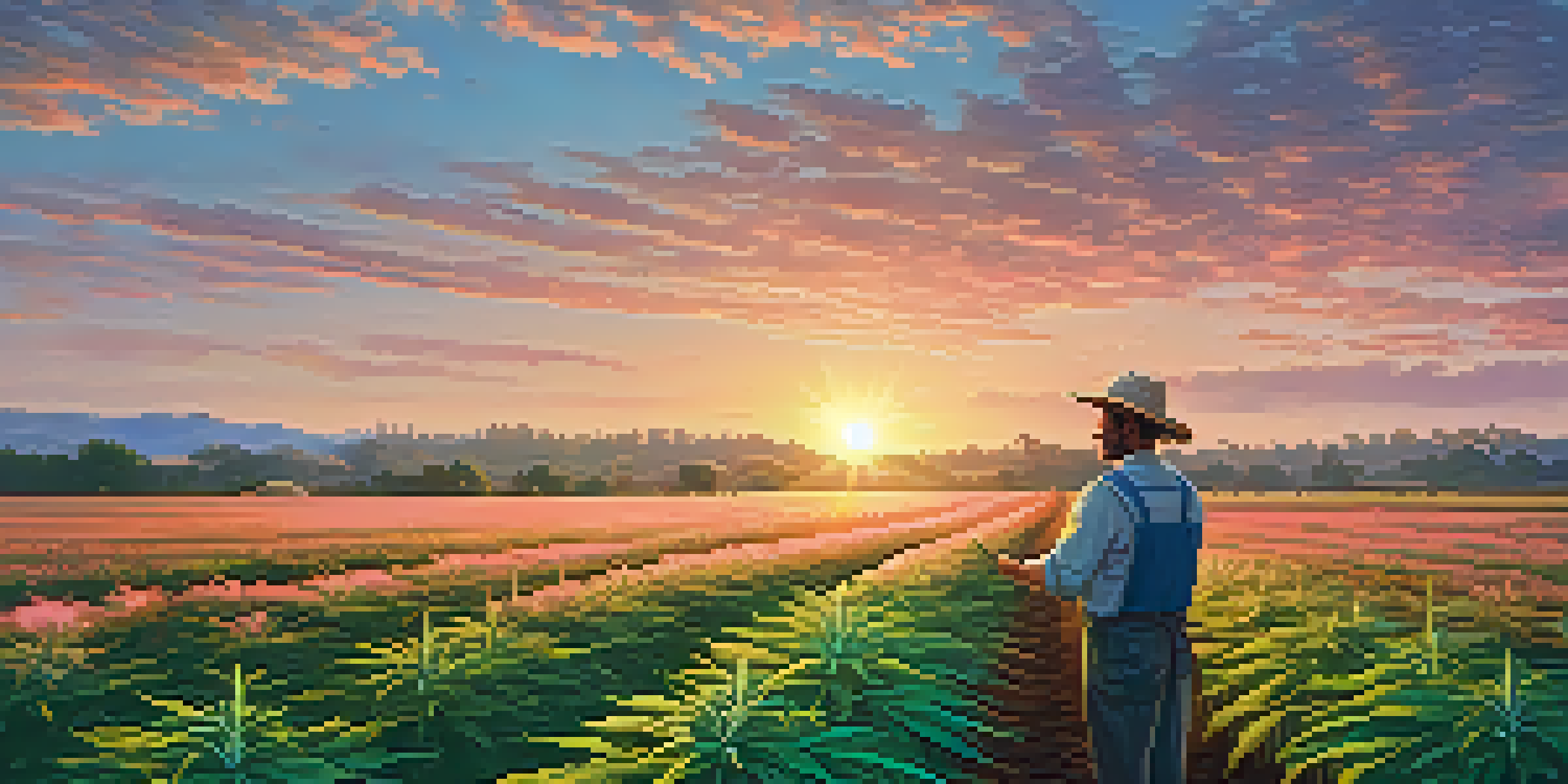 A cannabis farm at sunrise, featuring green plants and a farmer inspecting them under a colorful sky.