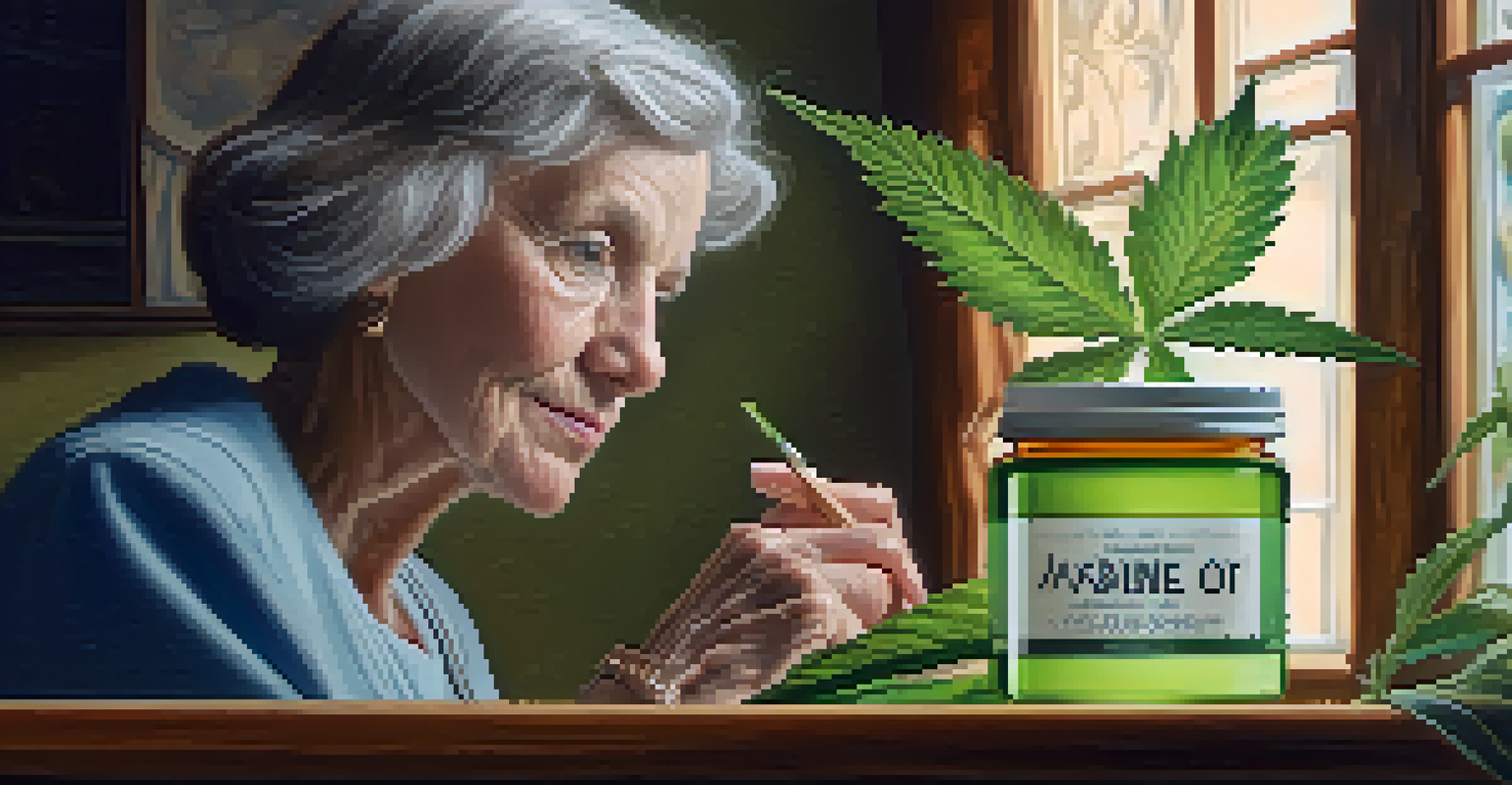 An elderly woman looking closely at a cannabis oil bottle with a thoughtful expression.