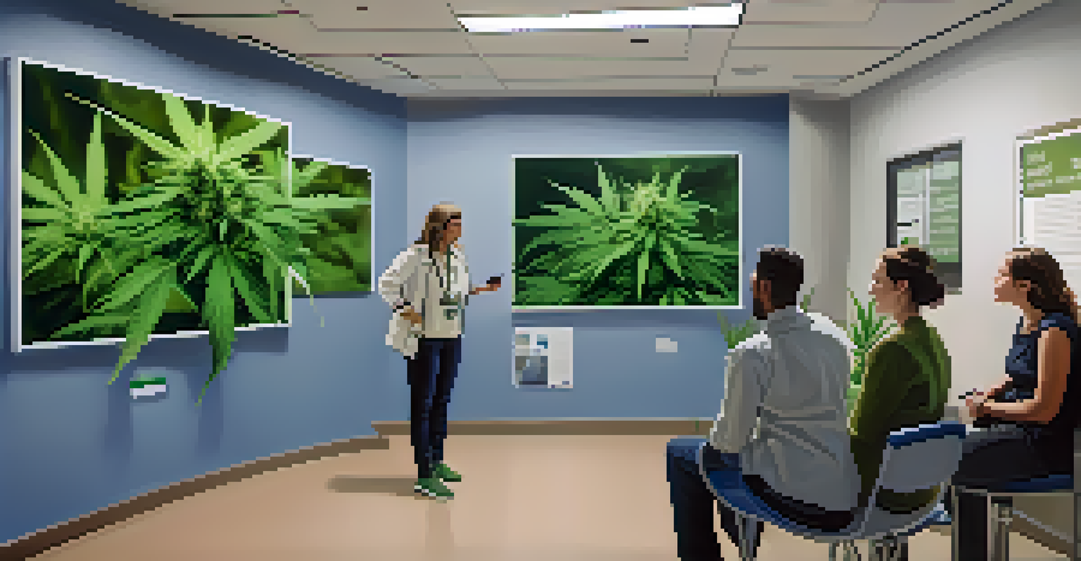 A film crew interviewing a medical professional in a modern clinic, with posters about cannabis benefits on the walls.