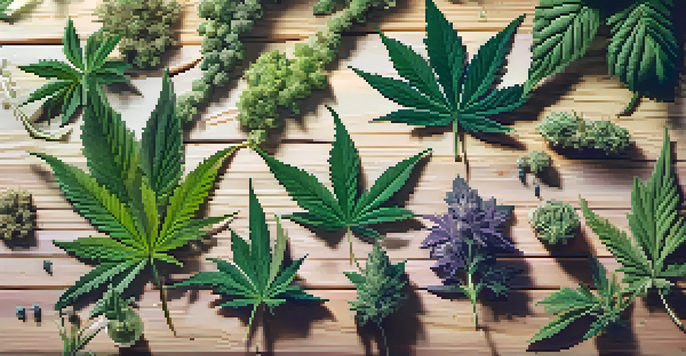 A detailed view of different cannabis strains on a wooden table, showing various colors and textures in natural light.