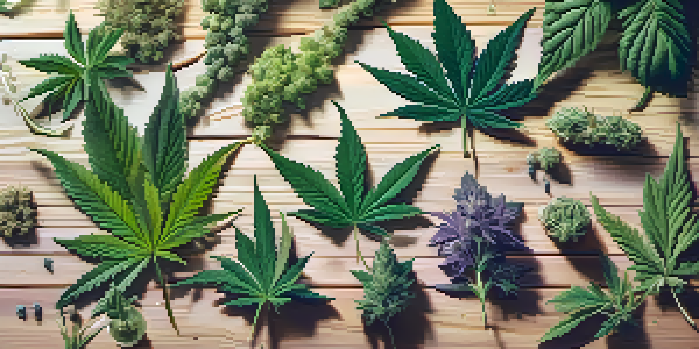 A detailed view of different cannabis strains on a wooden table, showing various colors and textures in natural light.
