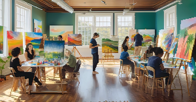 A bright art therapy studio with diverse individuals painting on canvases, surrounded by colorful artworks and plants.