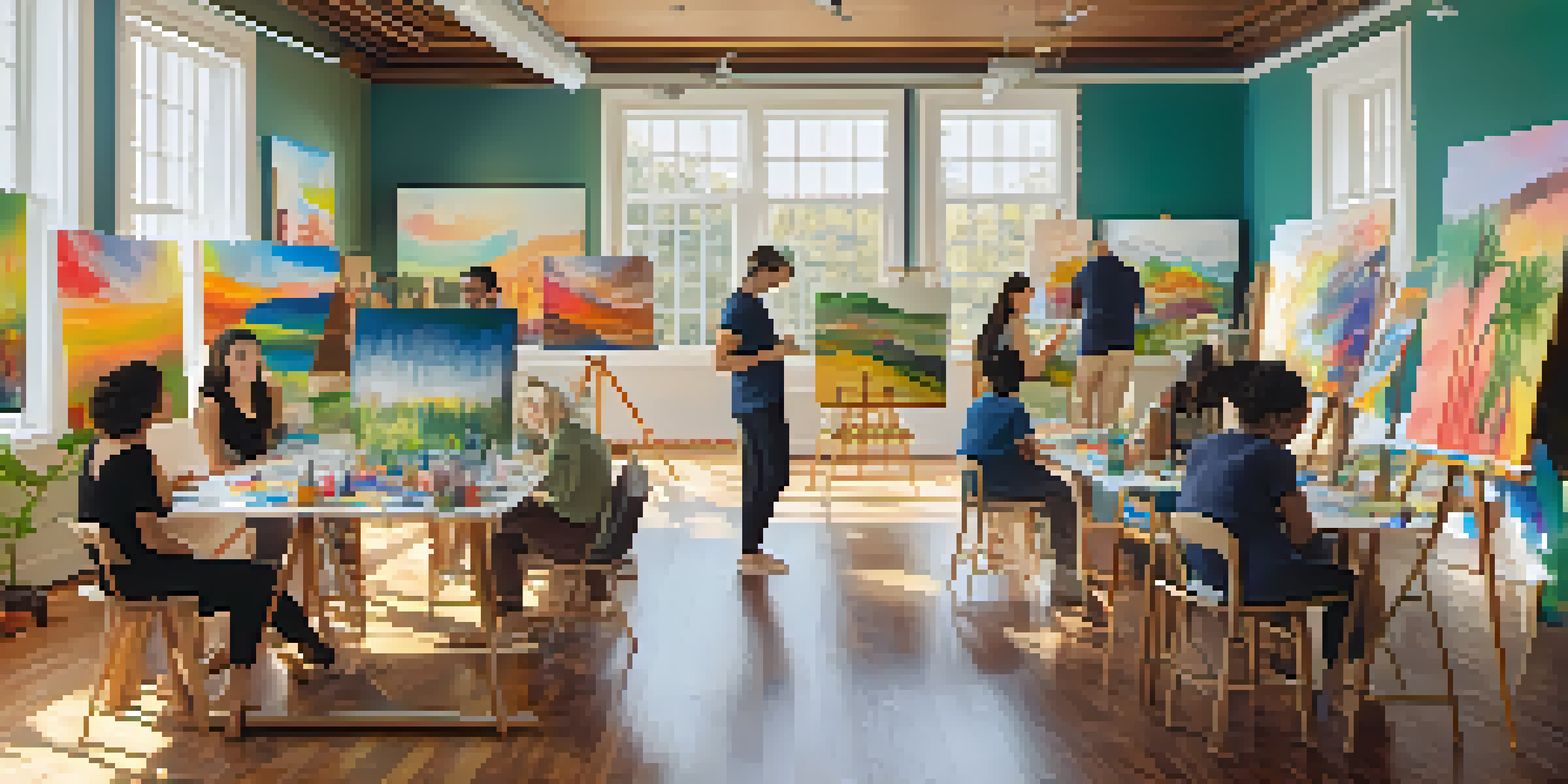 A bright art therapy studio with diverse individuals painting on canvases, surrounded by colorful artworks and plants.