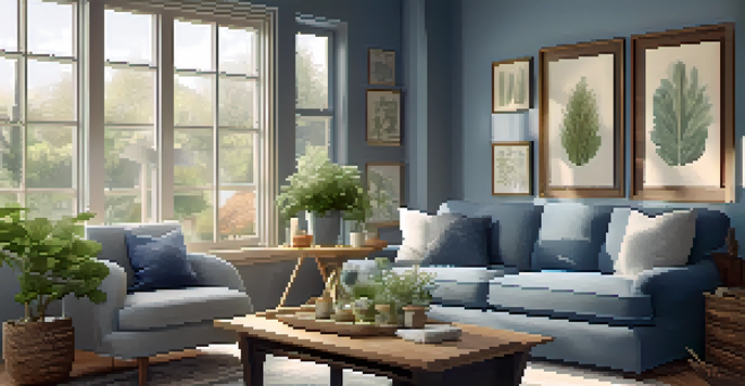 A cozy living room with natural light, featuring a sofa, coffee table with tea, and a potted plant.