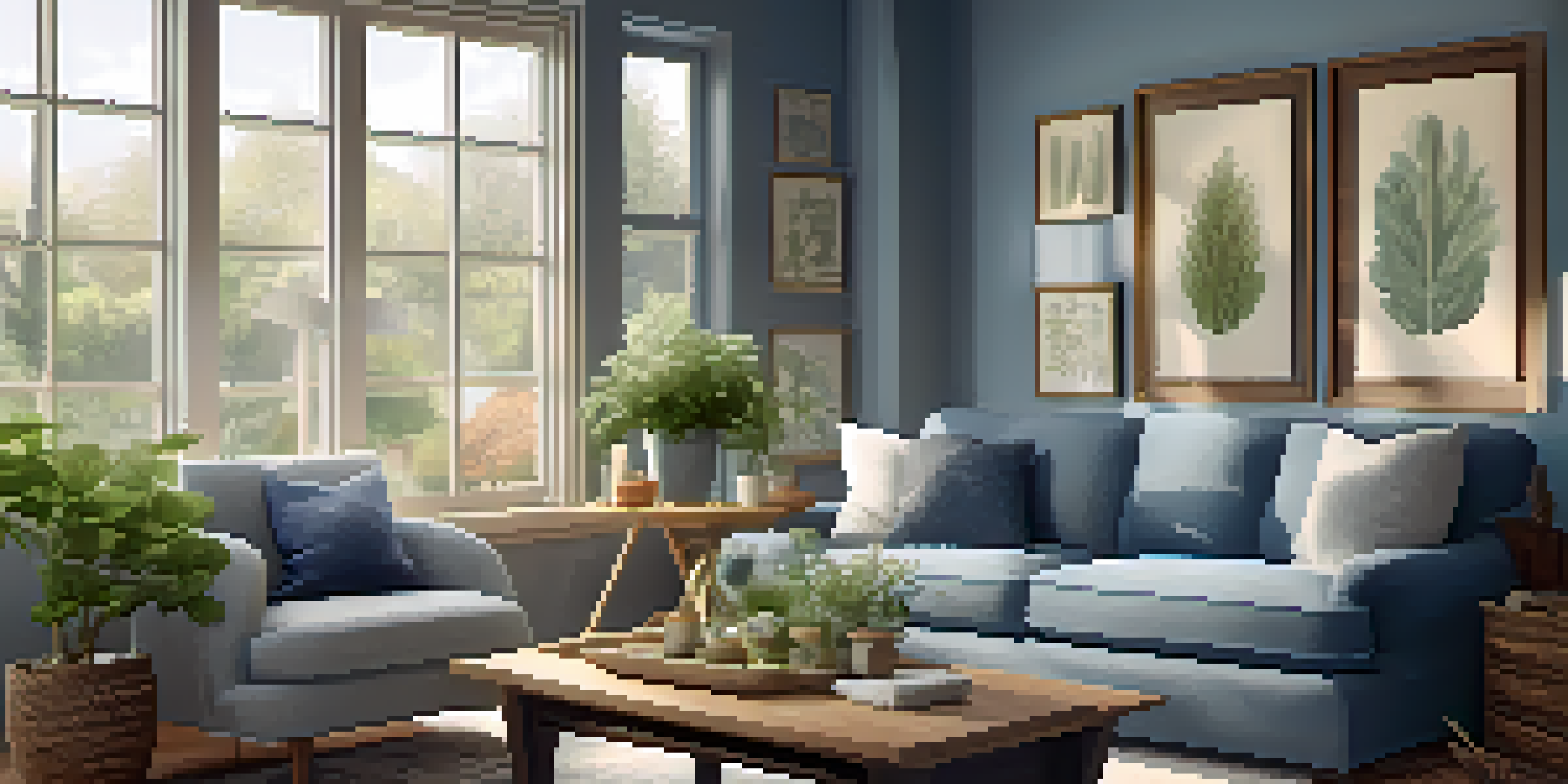 A cozy living room with natural light, featuring a sofa, coffee table with tea, and a potted plant.