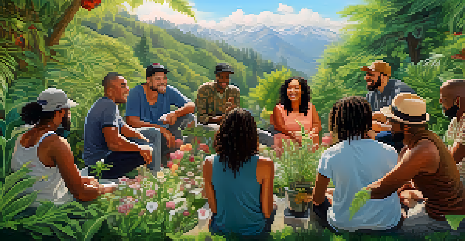 A diverse group of people in a garden sharing stories, holding cannabis products, surrounded by flowers.