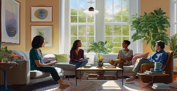 A diverse group of people in a cozy living room discussing health topics, with plants and books around them.