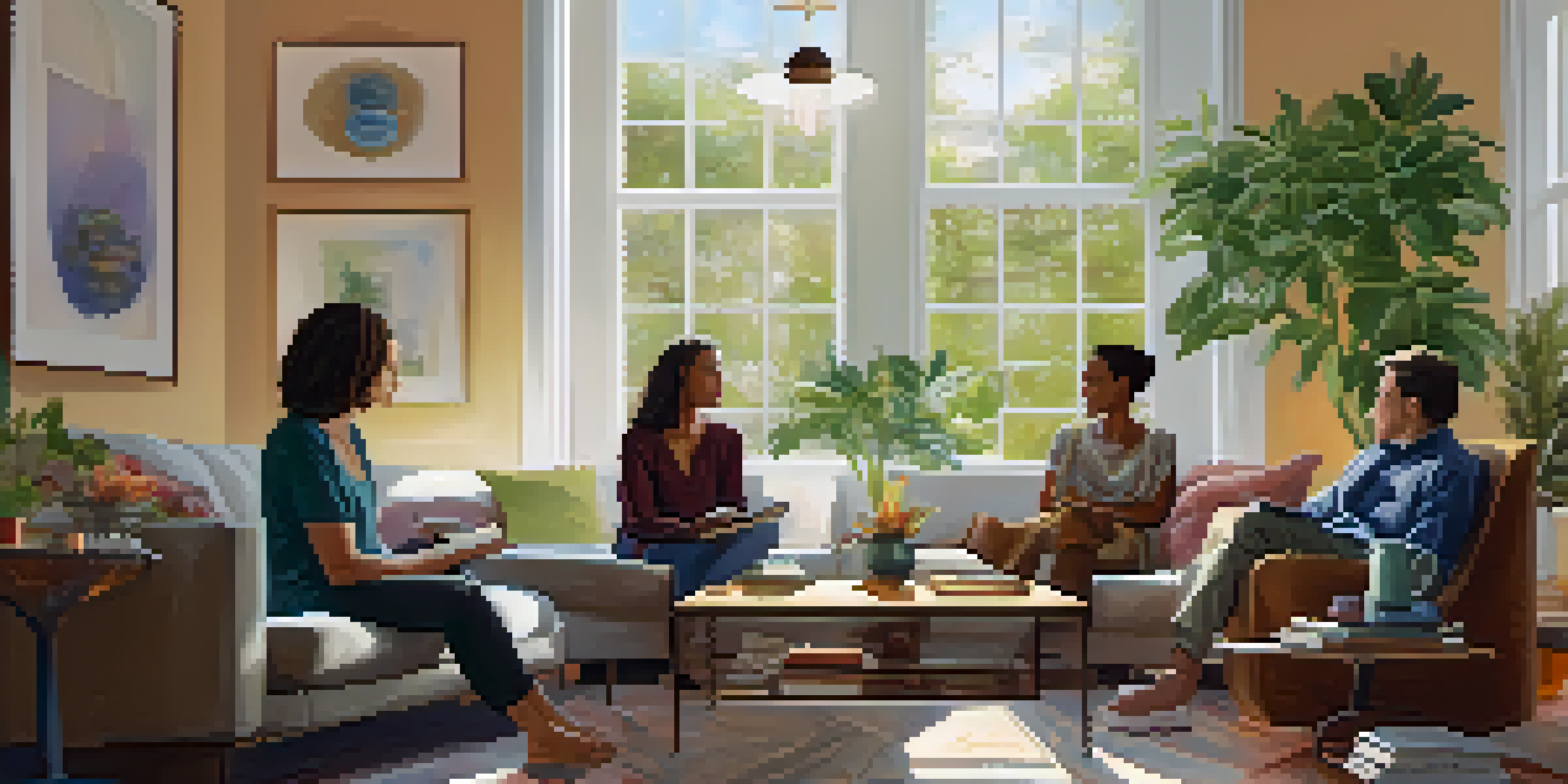 A diverse group of people in a cozy living room discussing health topics, with plants and books around them.