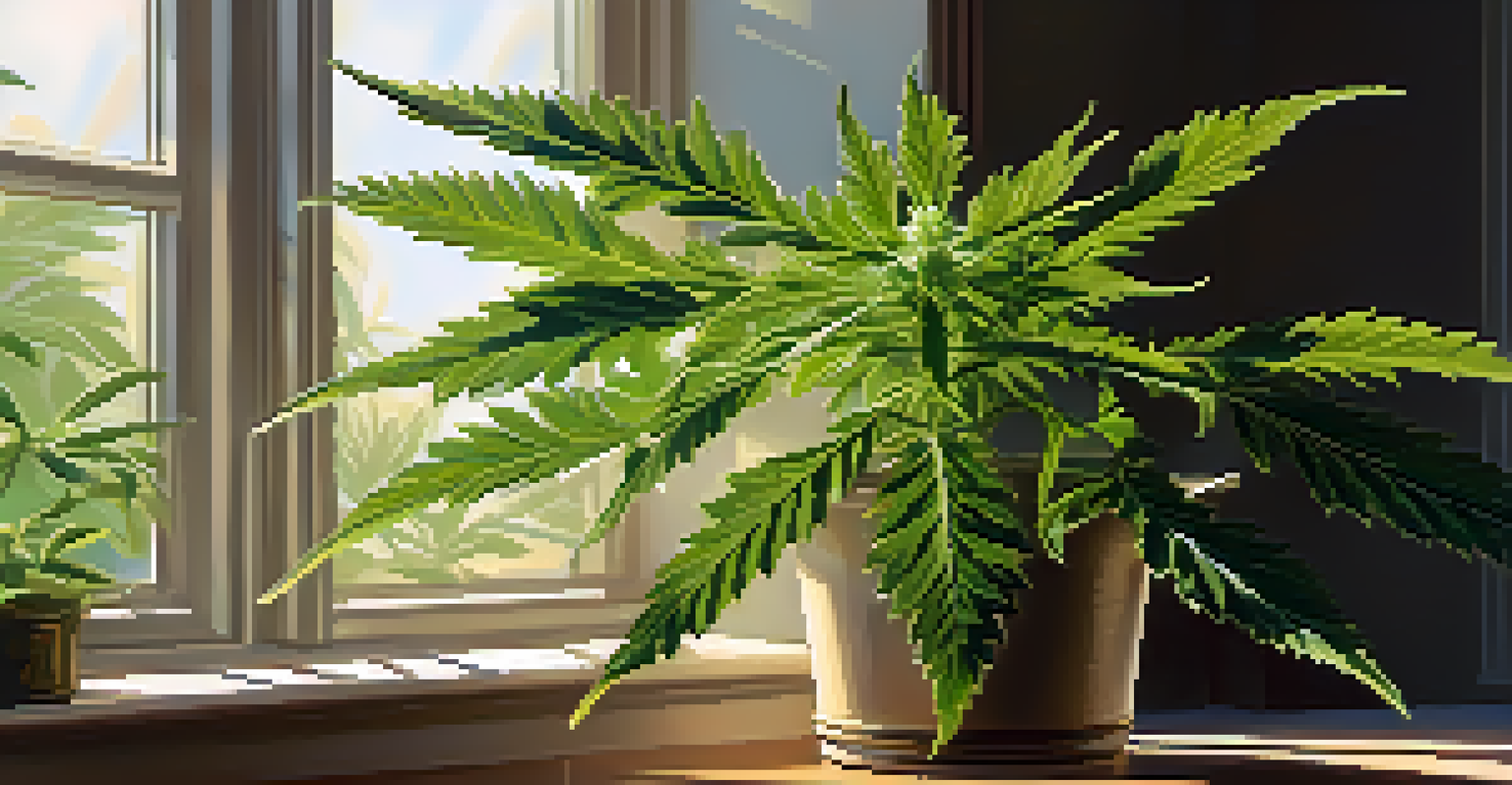 A close-up of a healthy cannabis plant in a sunlit room, showcasing green leaves and buds with soft light effects.