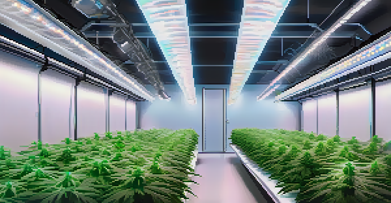 An indoor cannabis cultivation setup with rows of plants under LED lights and visible hydroponic systems.