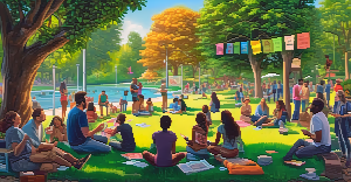 A diverse group of people in a park discussing marijuana legalization, surrounded by colorful banners and nature.