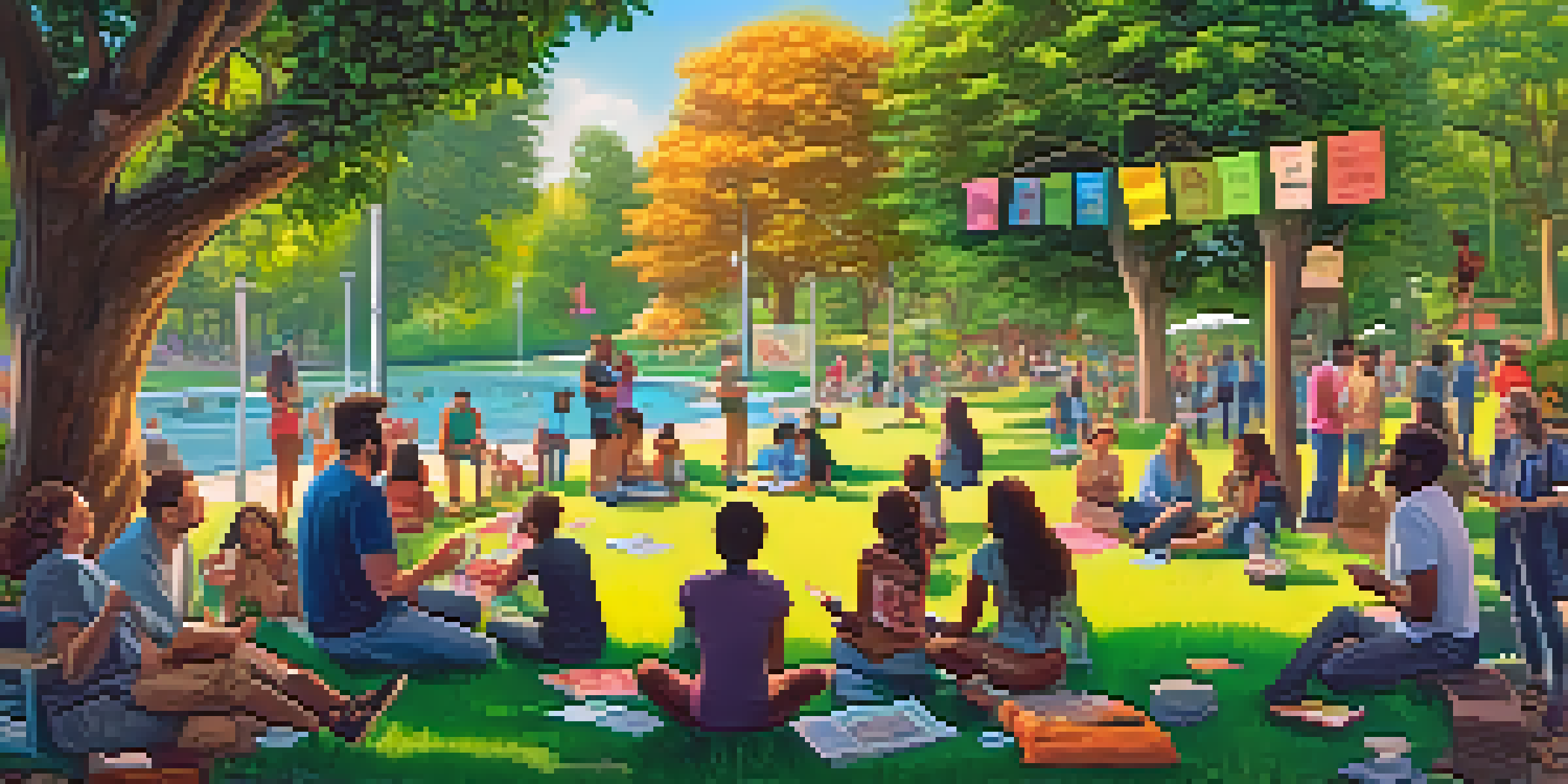 A diverse group of people in a park discussing marijuana legalization, surrounded by colorful banners and nature.