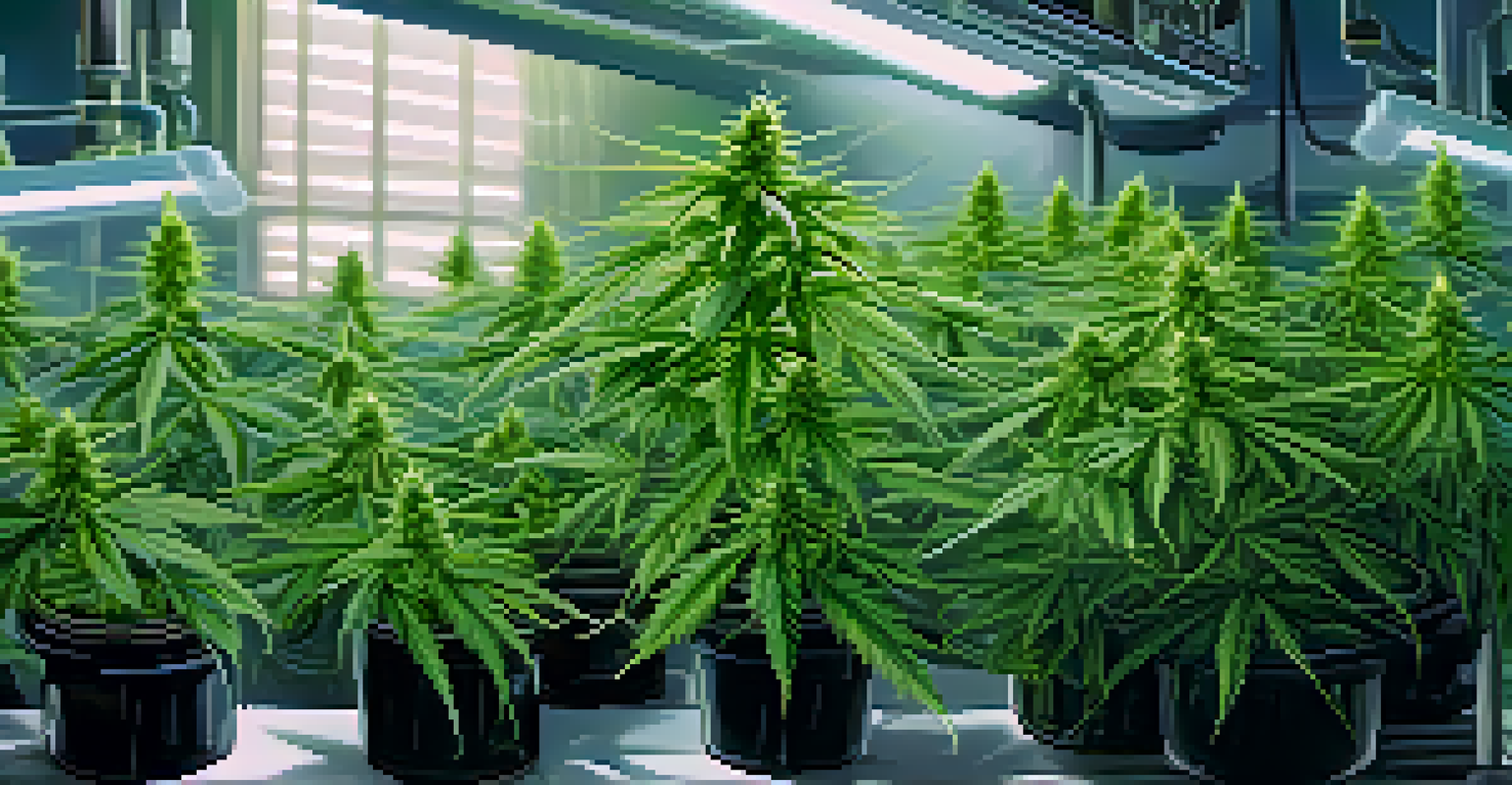 A detailed close-up of a cannabis plant with leaves and buds in a well-lit indoor lab setting.