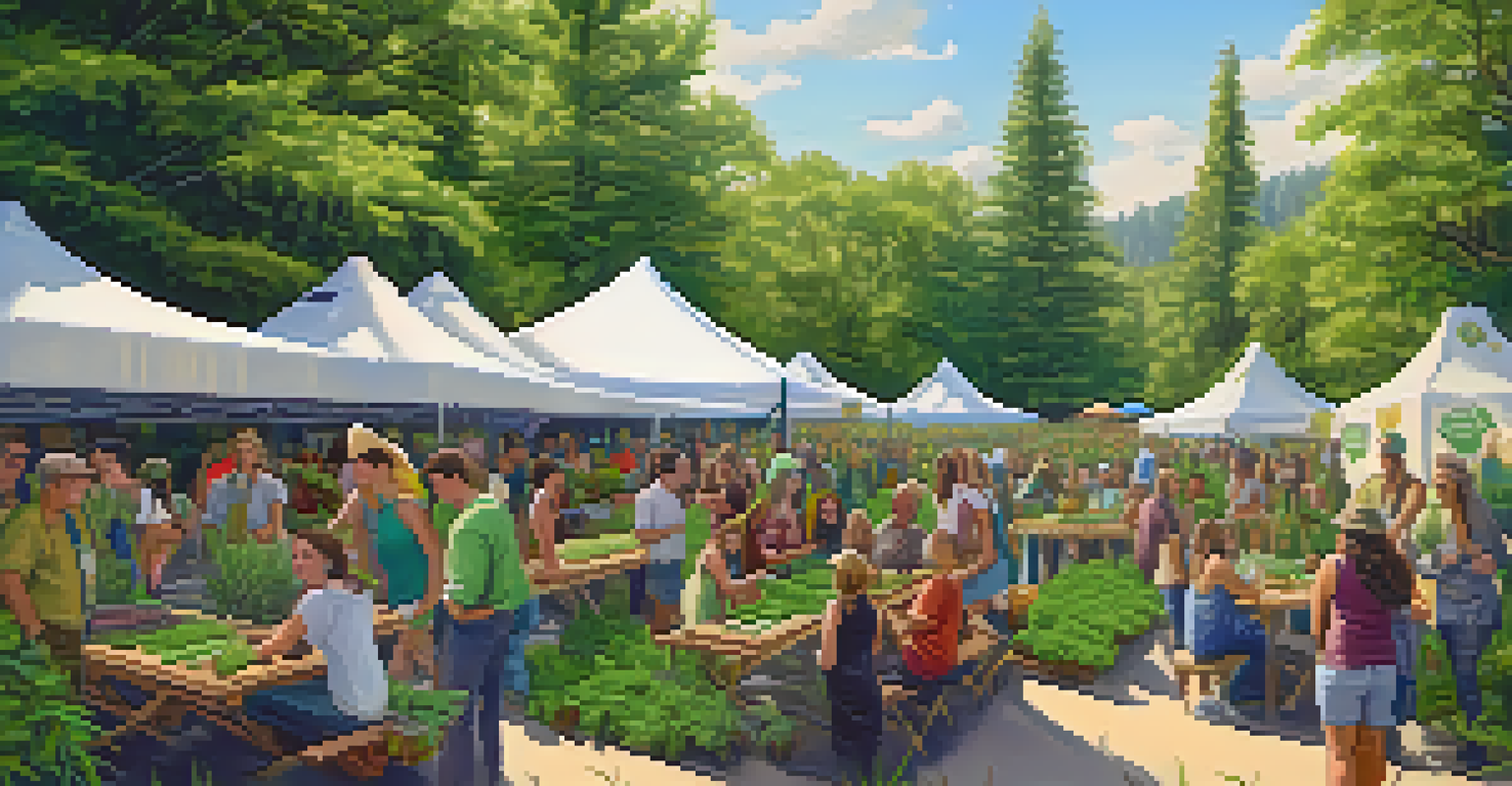 A community gathering discussing sustainable marijuana cultivation with local growers and organic products.