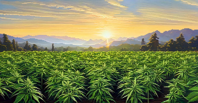 A tranquil cannabis farm at sunrise with green plants and a golden sky.