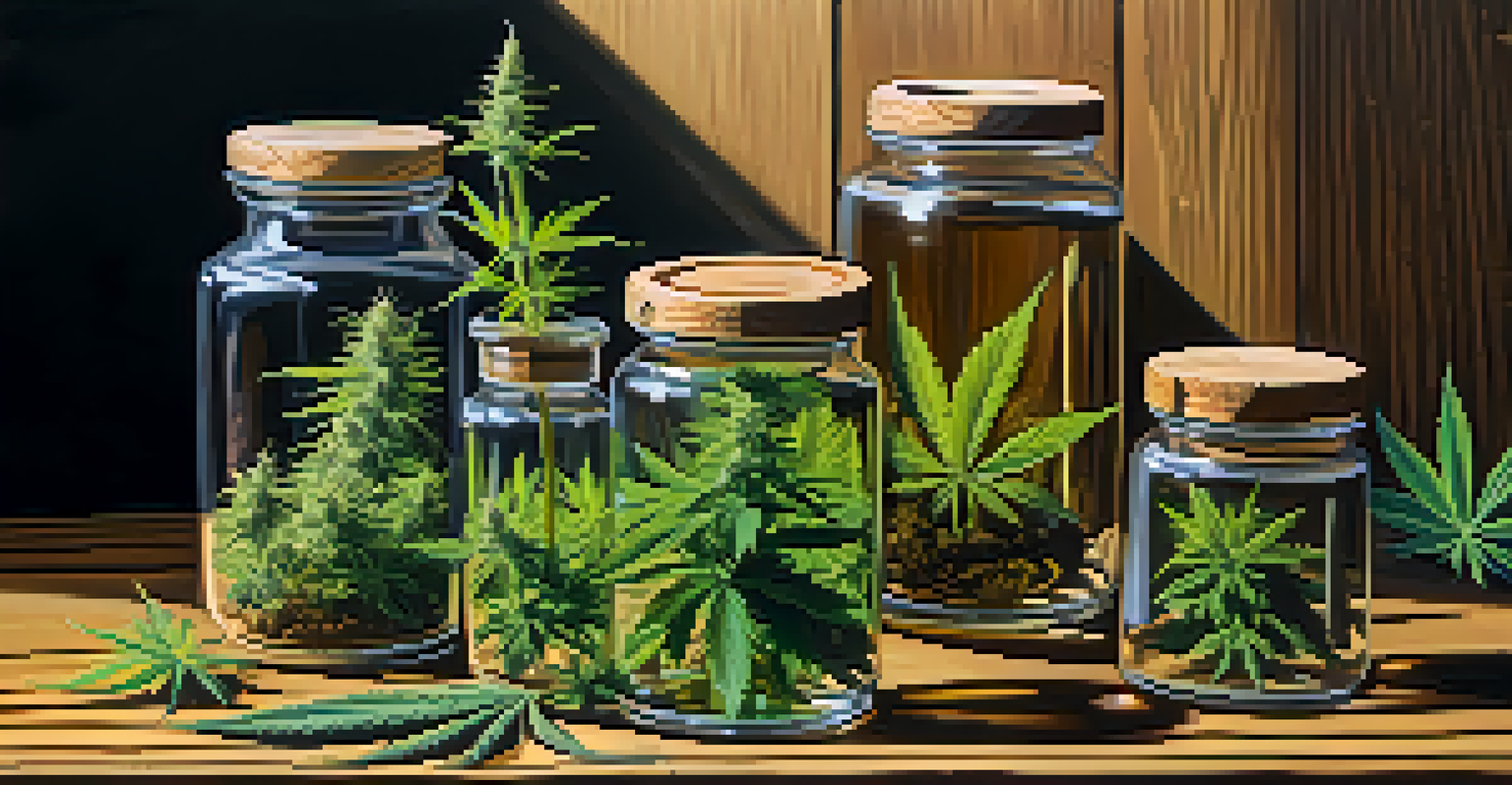 An arrangement of cannabis plants on a wooden table with sunlight highlighting their colors.