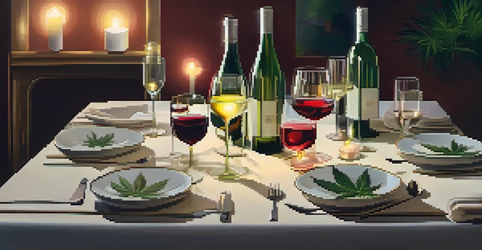 A cozy table setting with wine glasses and cannabis jars, illuminated by candlelight in a warm living room.