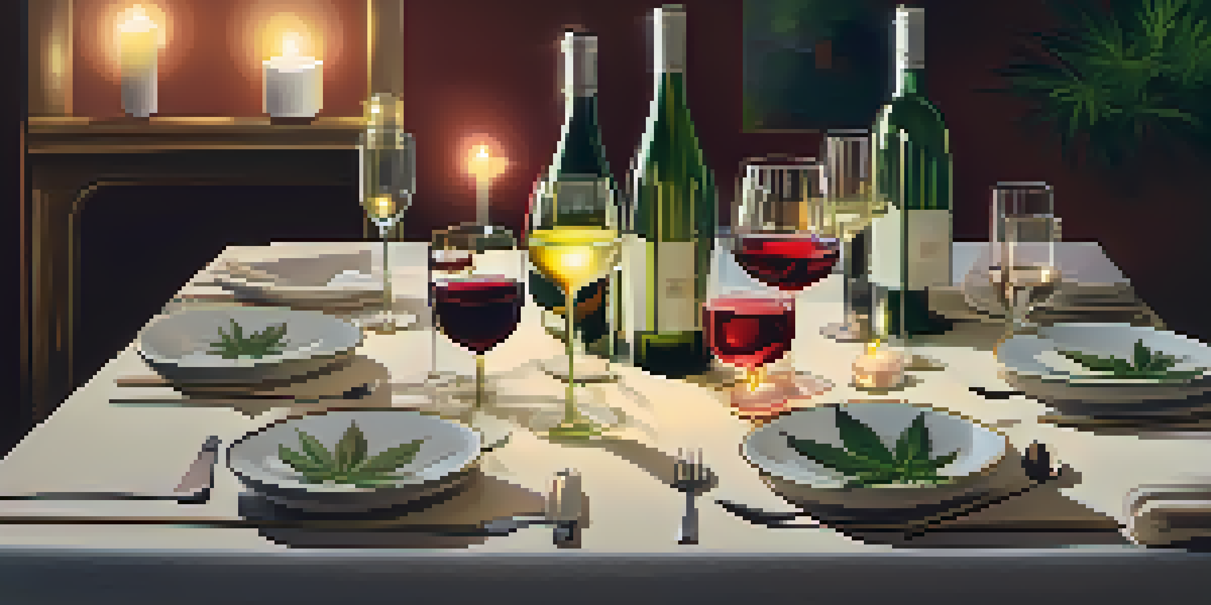 A cozy table setting with wine glasses and cannabis jars, illuminated by candlelight in a warm living room.