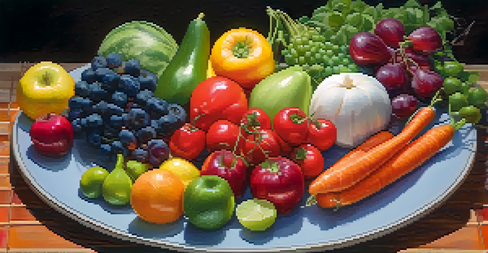 A colorful plate of fresh fruits and vegetables arranged beautifully, emphasizing a healthy diet.