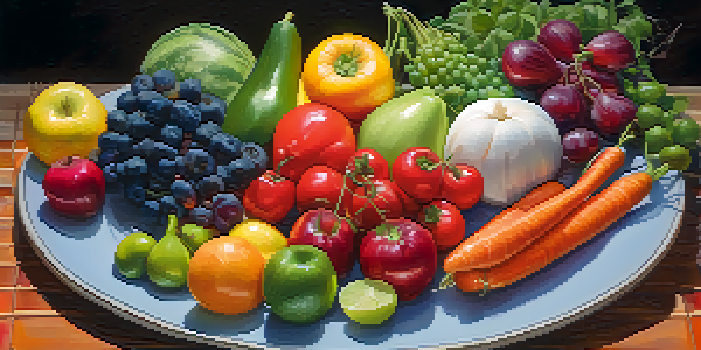 A colorful plate of fresh fruits and vegetables arranged beautifully, emphasizing a healthy diet.