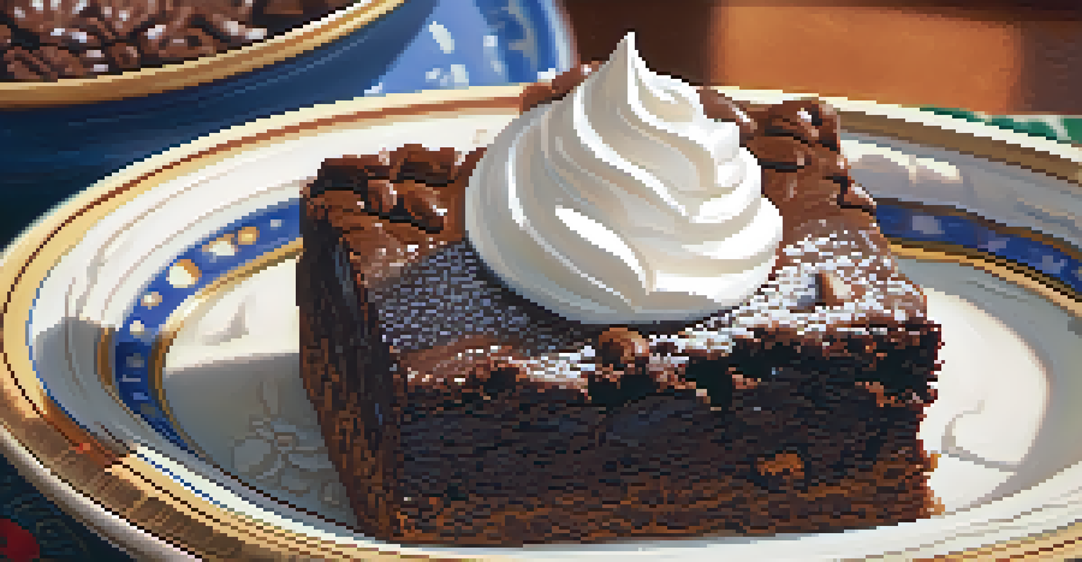 A close-up of a slice of cannabis-infused brownie topped with powdered sugar and whipped cream, set in a cozy kitchen ambiance.
