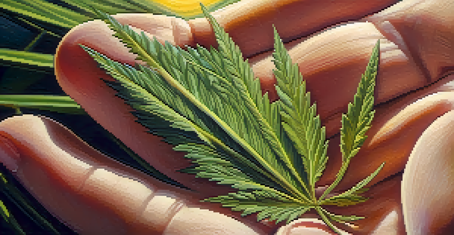 A close-up view of a hand holding a cannabis leaf, highlighting its texture and veins against a softly blurred background.