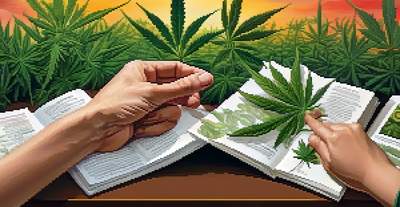 Two hands, one older and one younger, reaching toward each other over a table filled with cannabis plants and educational materials.