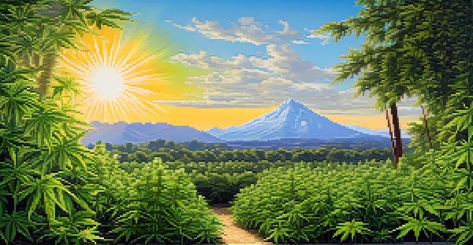 A peaceful cannabis farm surrounded by mountains under a clear blue sky, with sunlight illuminating the green plants.