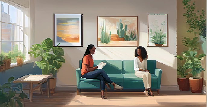 A peaceful counseling room with a therapist and a young adult in discussion, surrounded by soft lighting and calming decor.