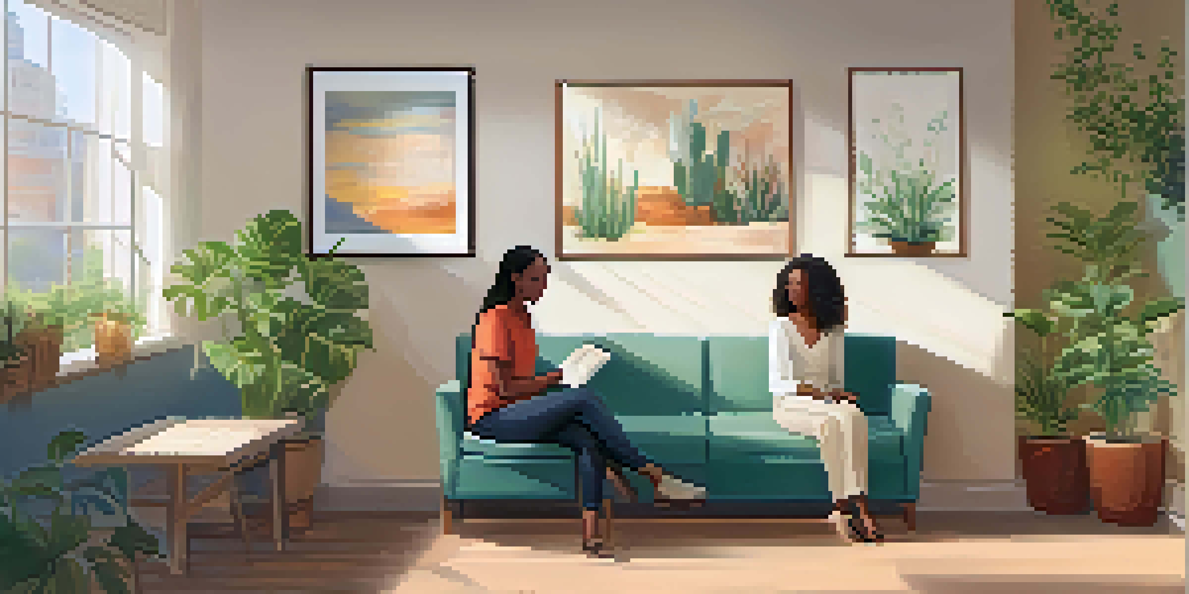A peaceful counseling room with a therapist and a young adult in discussion, surrounded by soft lighting and calming decor.