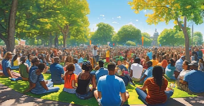 A diverse group of people gathered in a park, discussing social justice and marijuana reform, with colorful banners and trees around.