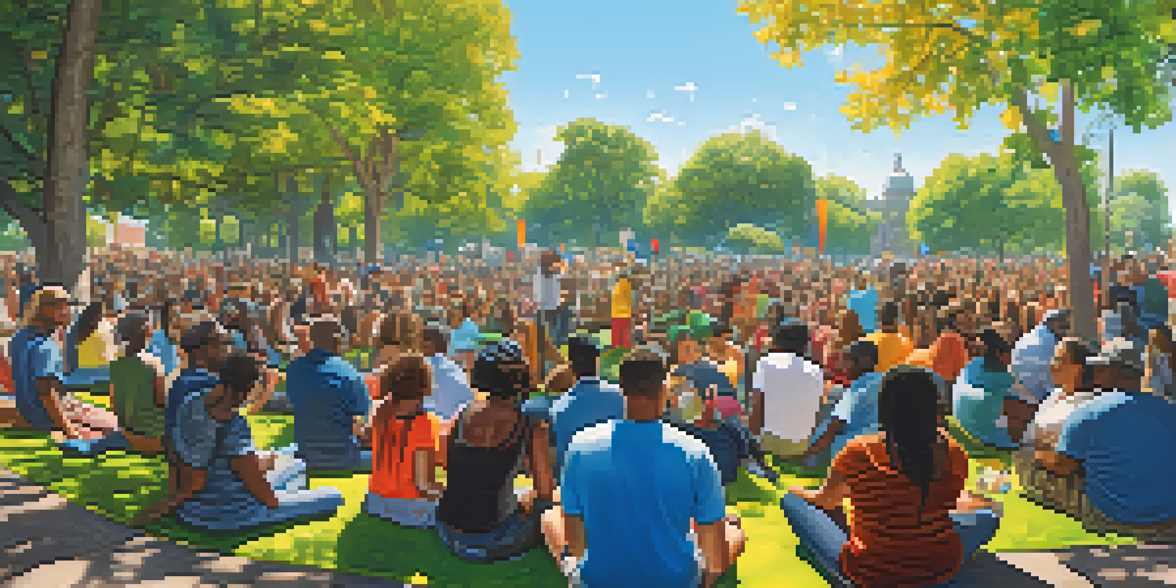 A diverse group of people gathered in a park, discussing social justice and marijuana reform, with colorful banners and trees around.